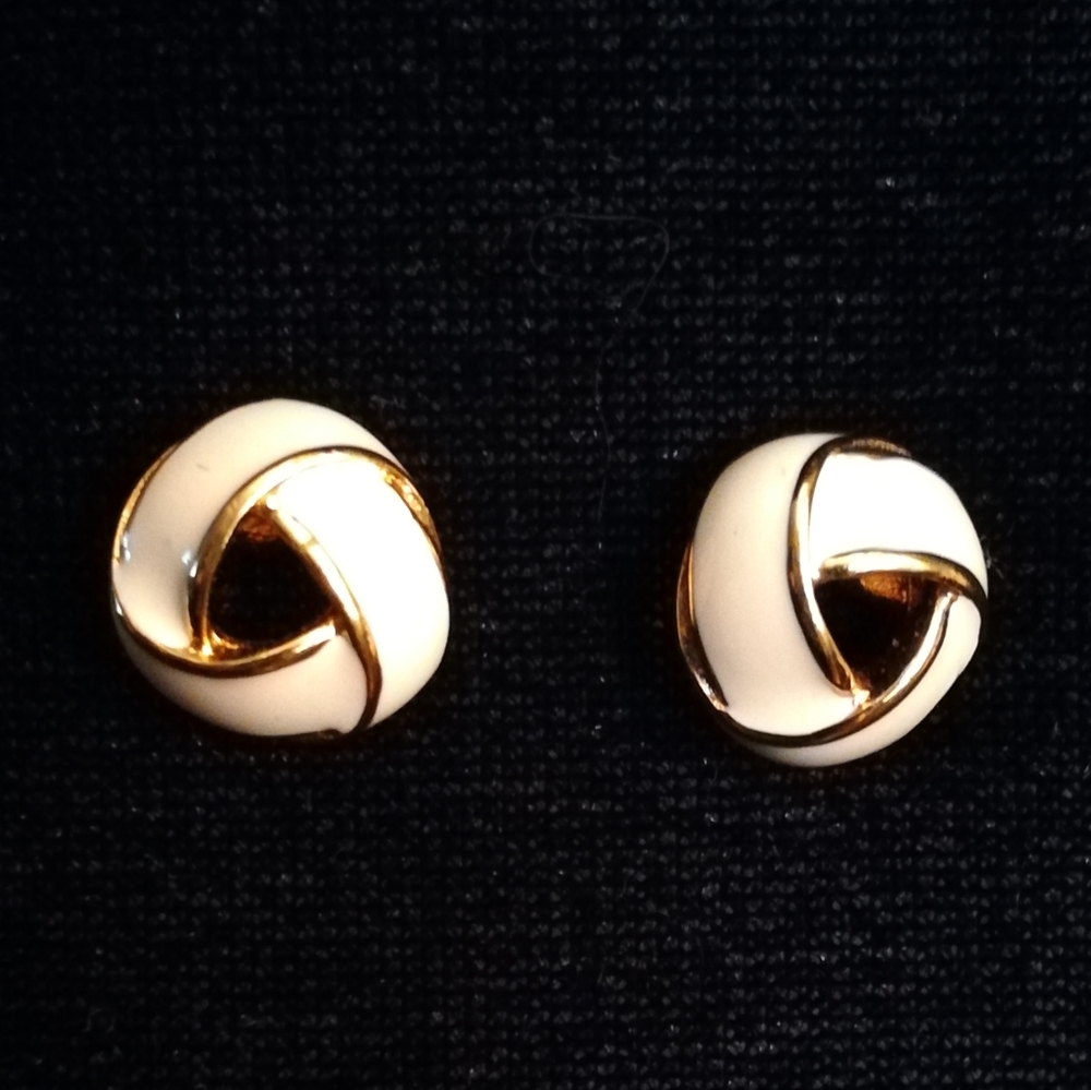 Enameled White & Gold Celtic Knot Earrings by Monet